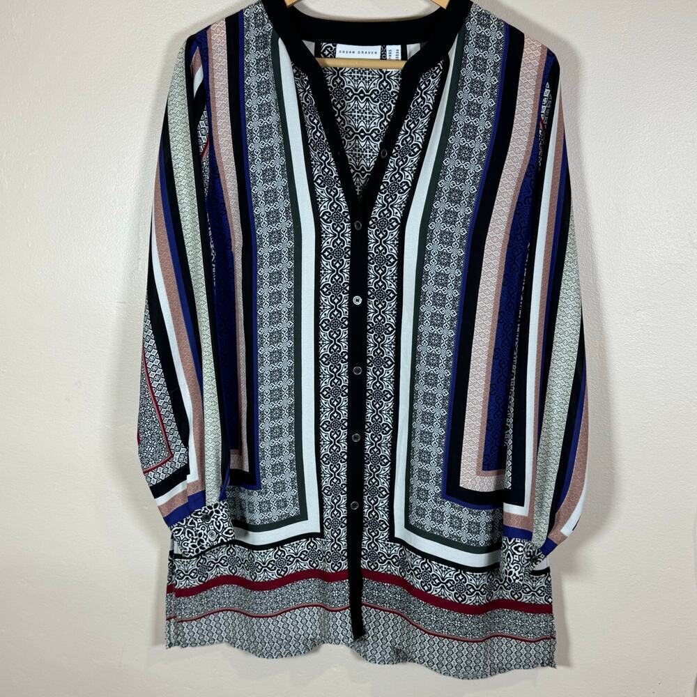 Susan Graver button Down Tunic Long Sleeve Size 10 Geometric Print Lagenlook